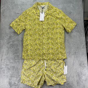 Onia Short Set Linen Shirt Swim Trunks Mens M Yellow Vacation Ratti Painted Palm